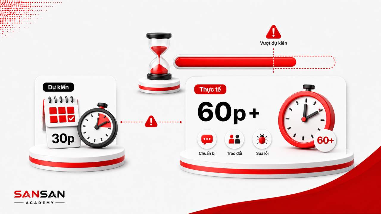 Ước tính thời gian quá ngắn khi dự kiến 30 phút nhưng thực tế công việc kéo dài hơn 60 phút