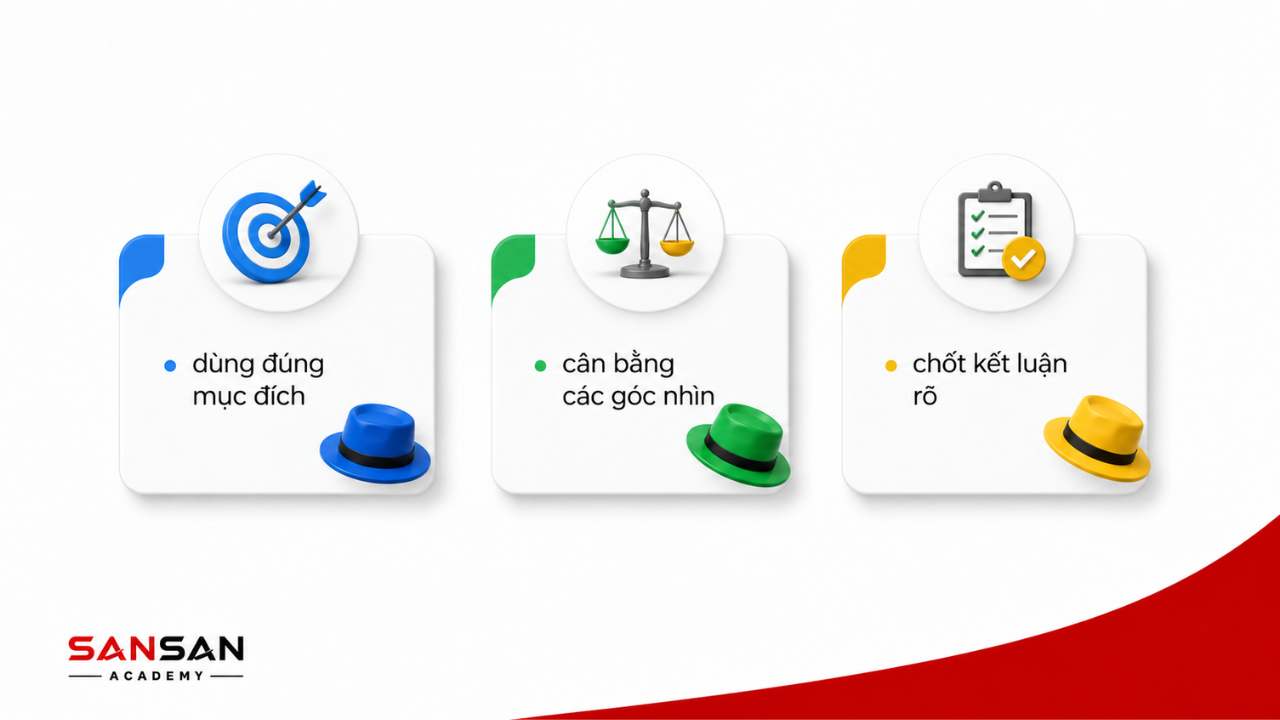 Lưu ý khi áp dụng 6 chiếc mũ tư duy gồm dùng đúng mục đích, cân bằng góc nhìn và chốt kết luận rõ