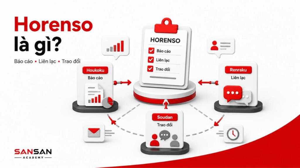Minh họa khái niệm Horenso với ba thành phần Houkoku, Renraku và Soudan, tương ứng với báo cáo, liên lạc và trao đổi trong công việc.