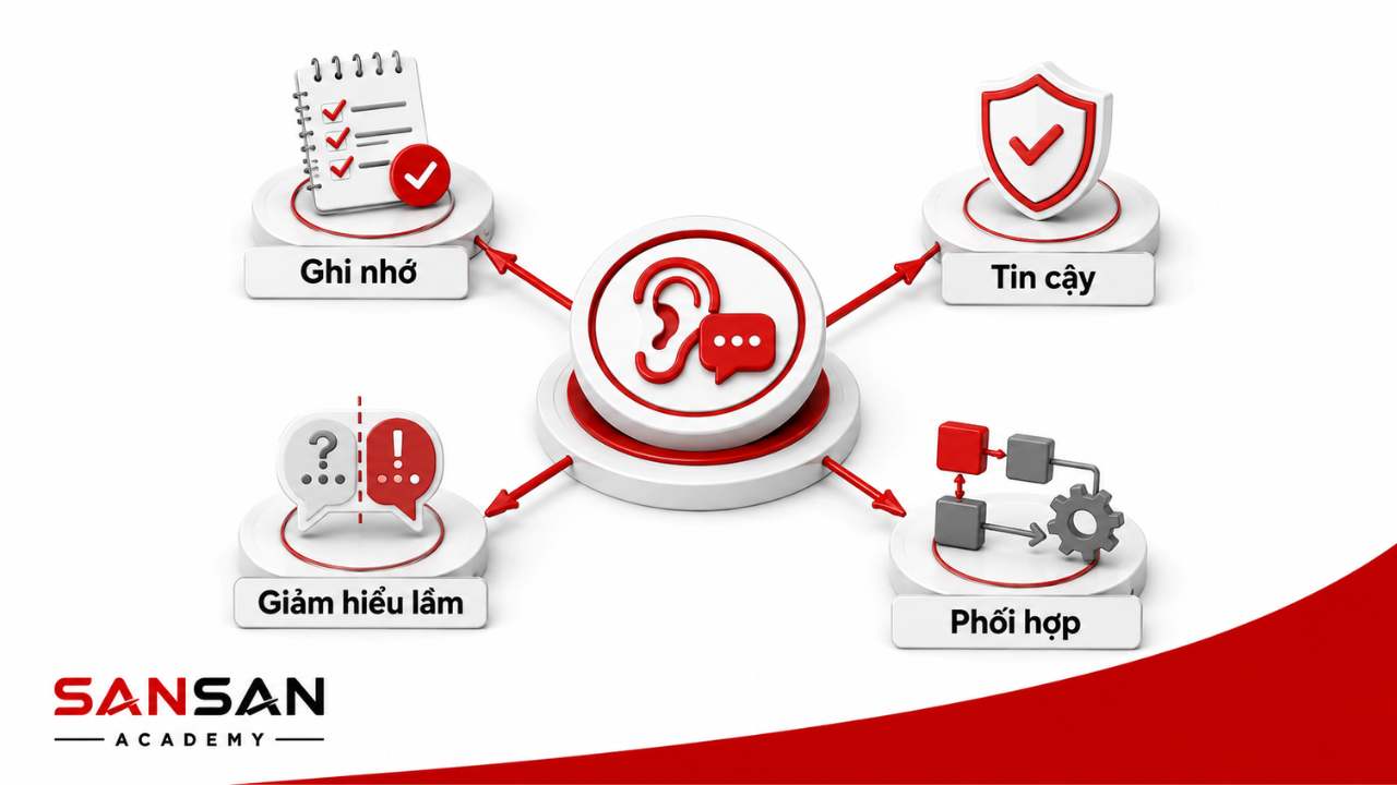Giá trị của kỹ năng lắng nghe gồm ghi nhớ, tạo tin cậy, giảm hiểu lầm và tăng phối hợp
