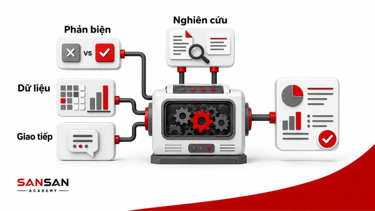 Các kỹ năng hỗ trợ khả năng phân tích gồm phản biện, dữ liệu, giao tiếp và nghiên cứu.