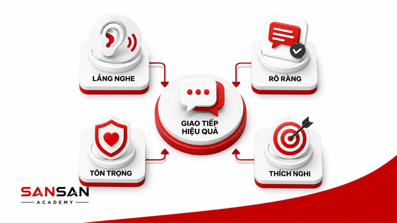 Bốn nền tảng của giao tiếp hiệu quả gồm lắng nghe, diễn đạt rõ ràng, tôn trọng và thích nghi