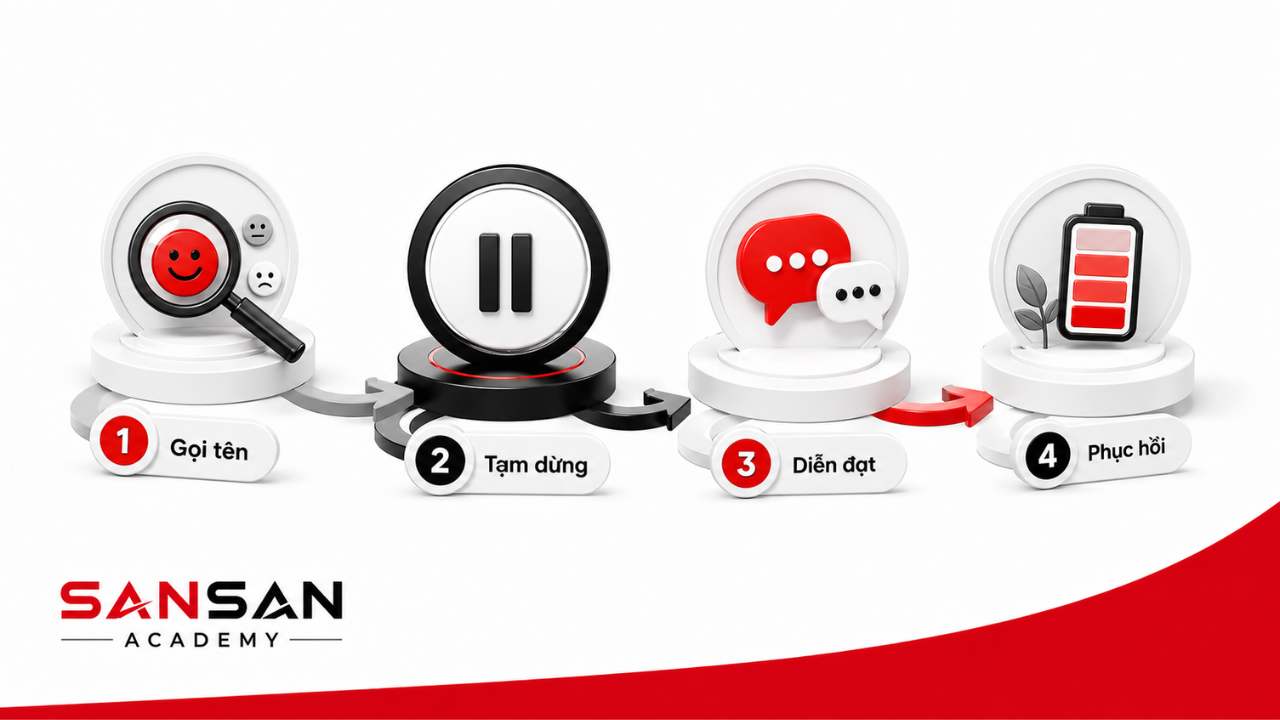 Biểu hiện của người quản lý cảm xúc tốt gồm gọi tên, tạm dừng, diễn đạt và phục hồi