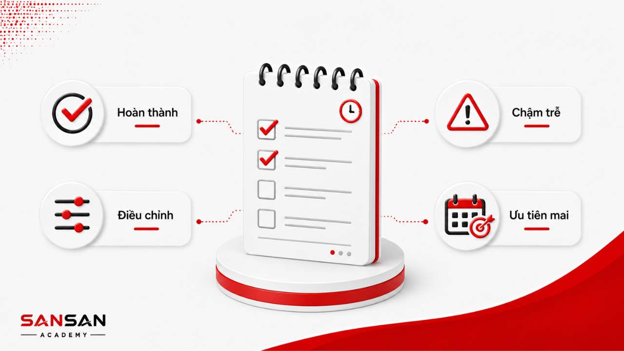 Bản tự đánh giá cuối ngày gồm việc hoàn thành, điều chỉnh, chậm trễ và ưu tiên ngày mai