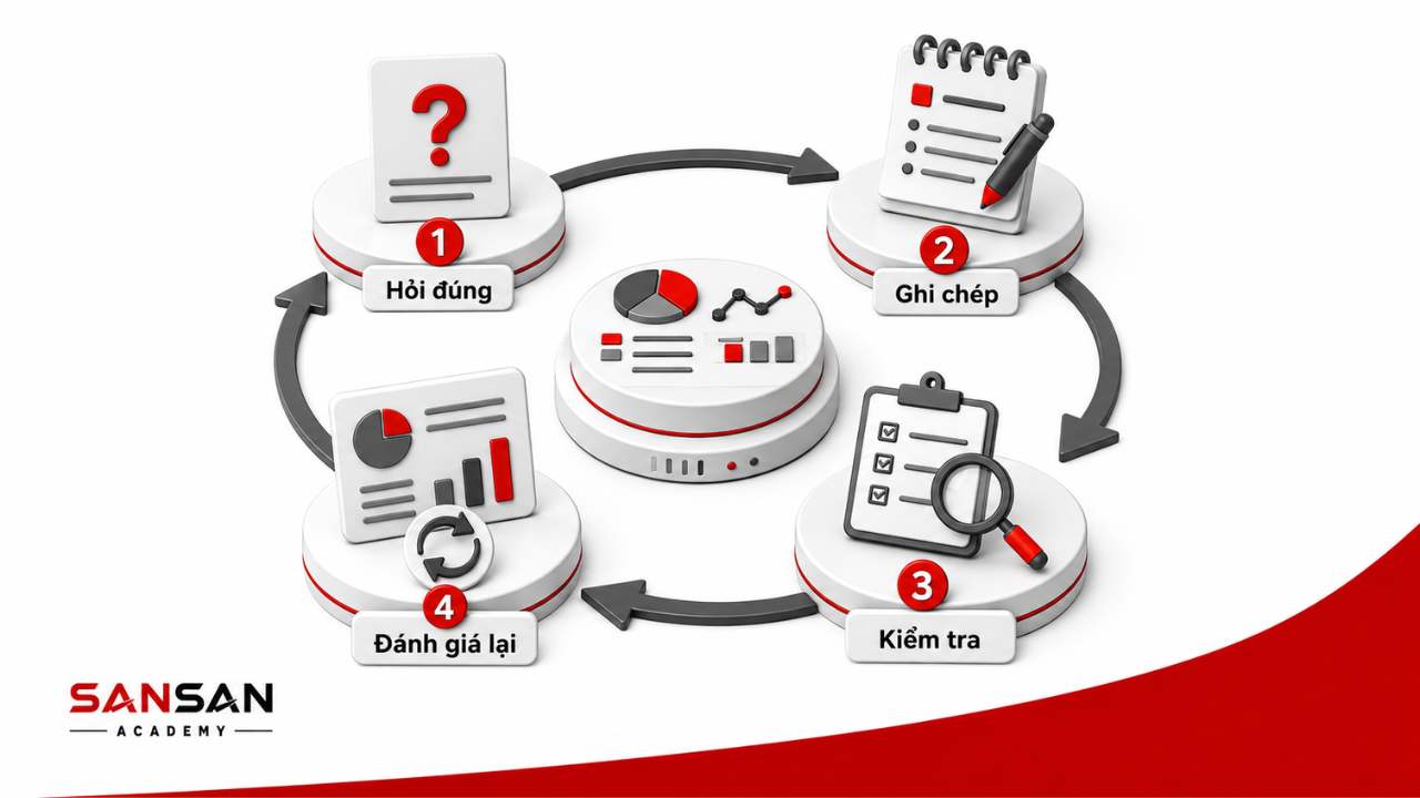 Cách rèn luyện kỹ năng phân tích qua các bước hỏi đúng, ghi chép, kiểm tra và đánh giá lại.