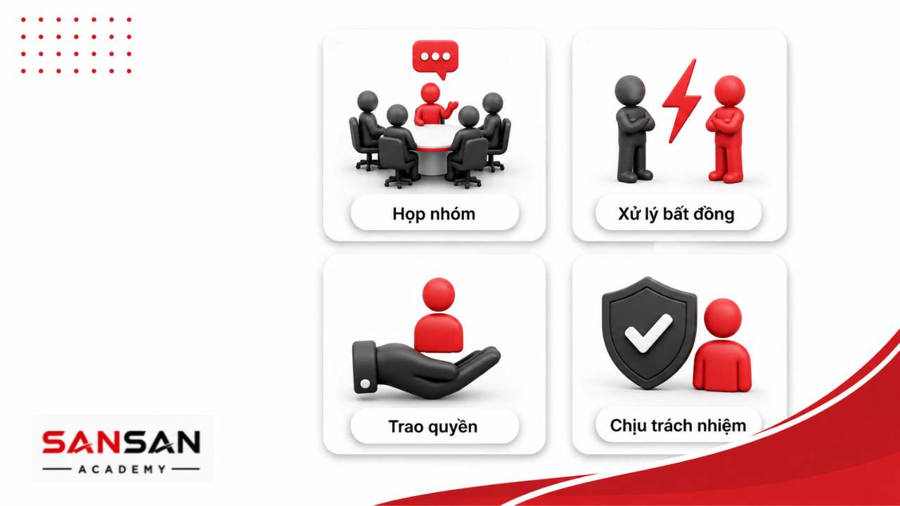 Ví dụ về kỹ năng lãnh đạo trong công việc gồm điều hành họp nhóm, xử lý bất đồng, trao quyền và chịu trách nhiệm