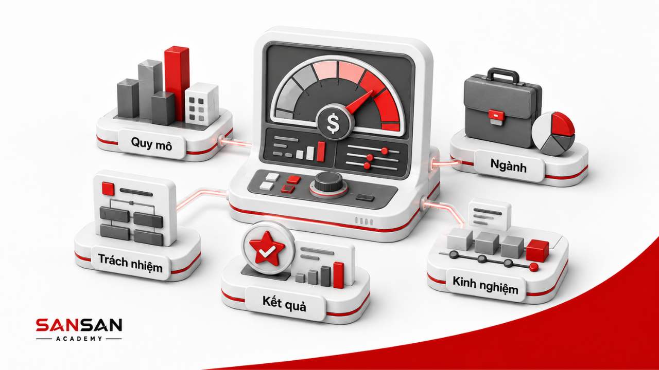 Các yếu tố quyết định mức lương giám đốc gồm quy mô, ngành, trách nhiệm, kinh nghiệm và kết quả điều hành
