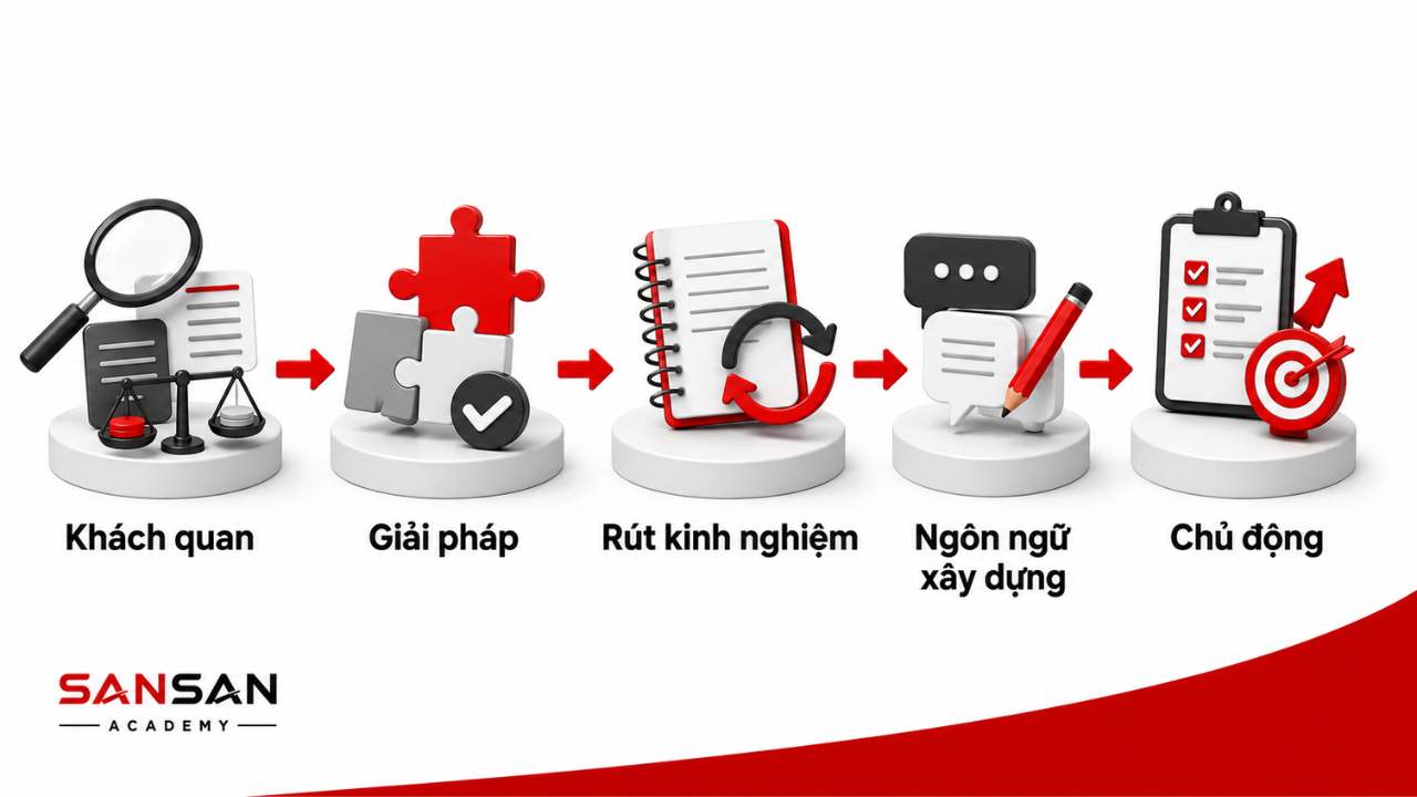 Biểu hiện của người có tư duy tích cực là khách quan, hướng giải pháp, rút kinh nghiệm, dùng ngôn ngữ xây dựng và chủ động