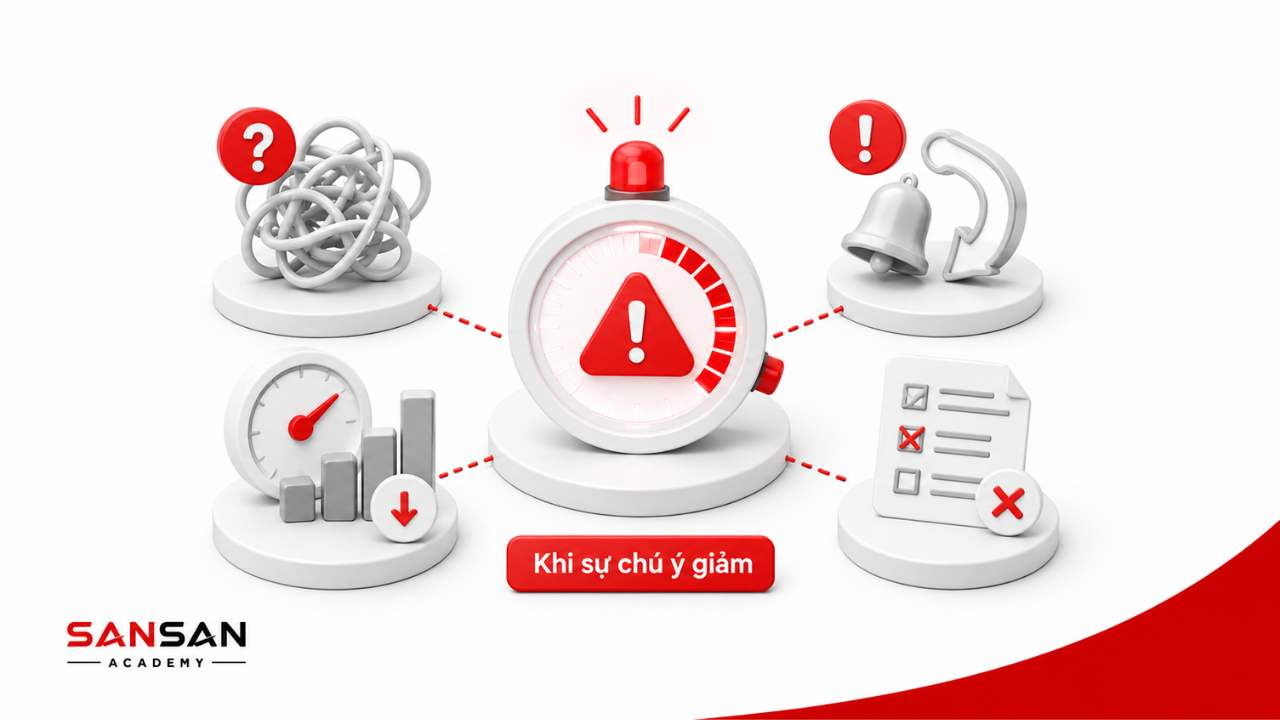 Các dấu hiệu suy giảm khả năng tập trung như rối suy nghĩ, gián đoạn, giảm hiệu suất và tăng sai sót