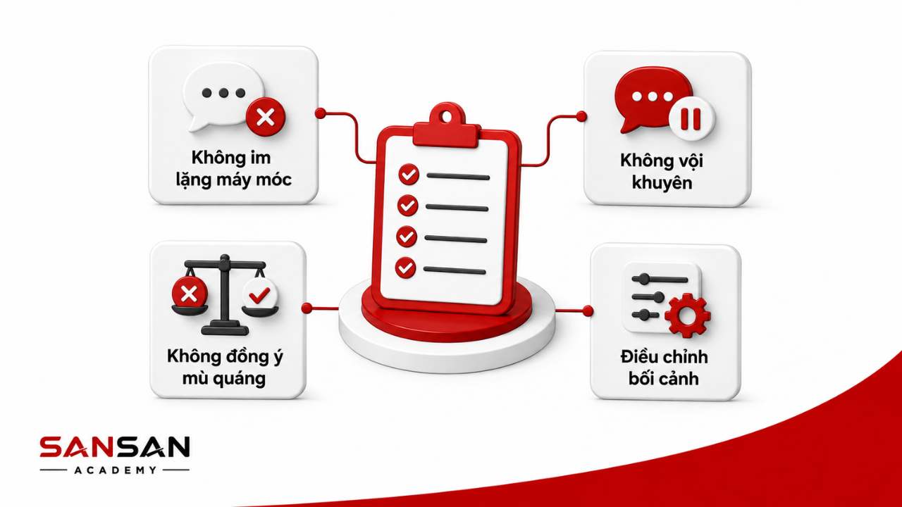 Lưu ý khi rèn kỹ năng lắng nghe: không im lặng máy móc, không vội khuyên và điều chỉnh theo bối cảnh