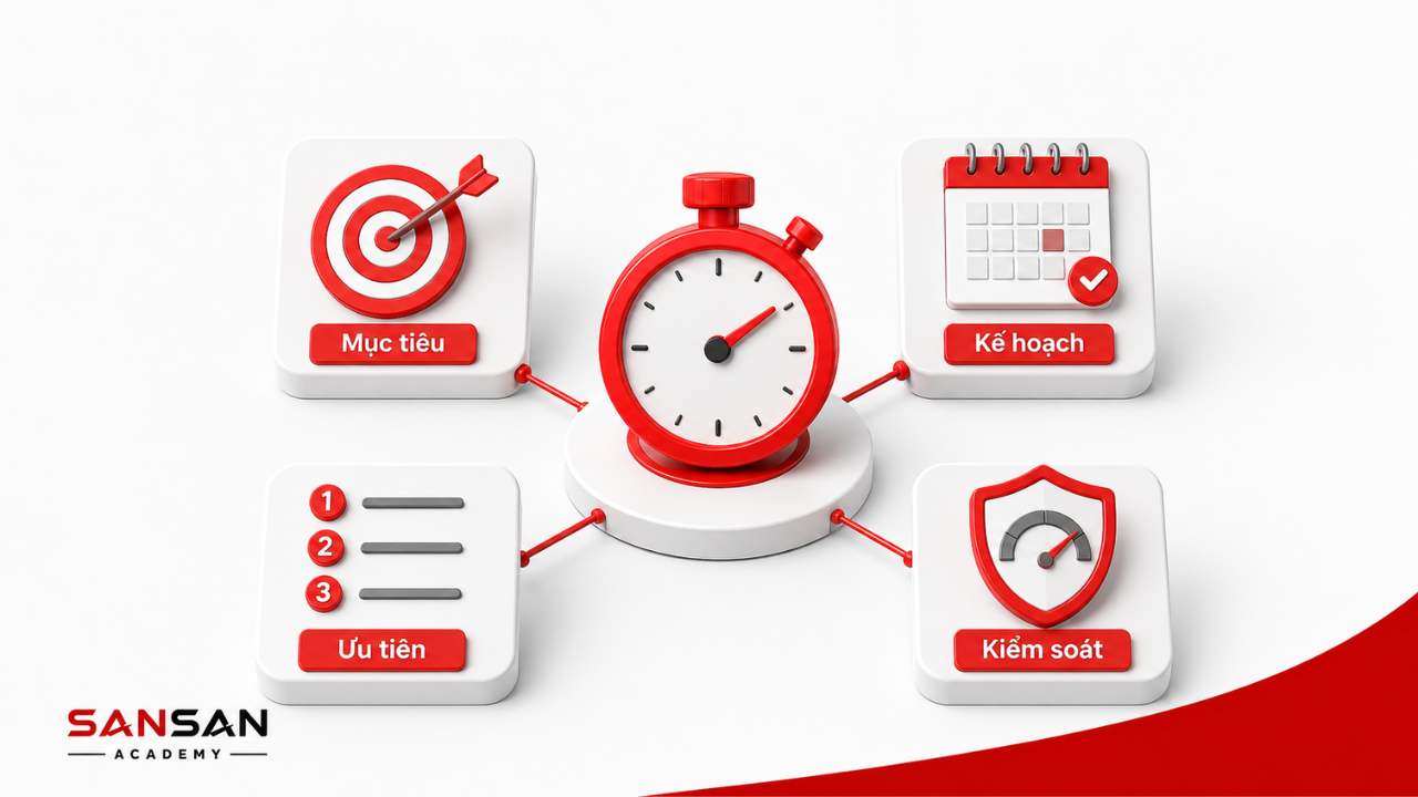 Bốn yếu tố của kỹ năng quản lý thời gian gồm mục tiêu, kế hoạch, ưu tiên và kiểm soát