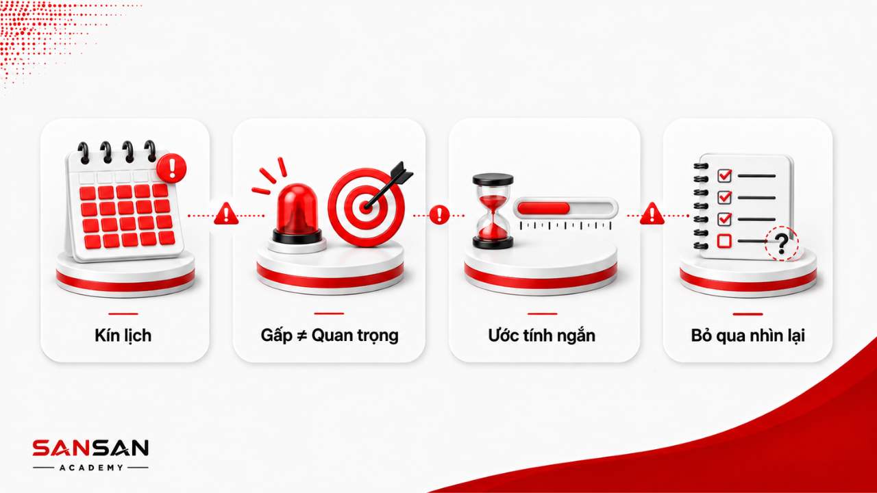 Những lỗi lên lịch gồm kín lịch, nhầm việc gấp với việc quan trọng, ước tính ngắn và bỏ qua nhìn lại
