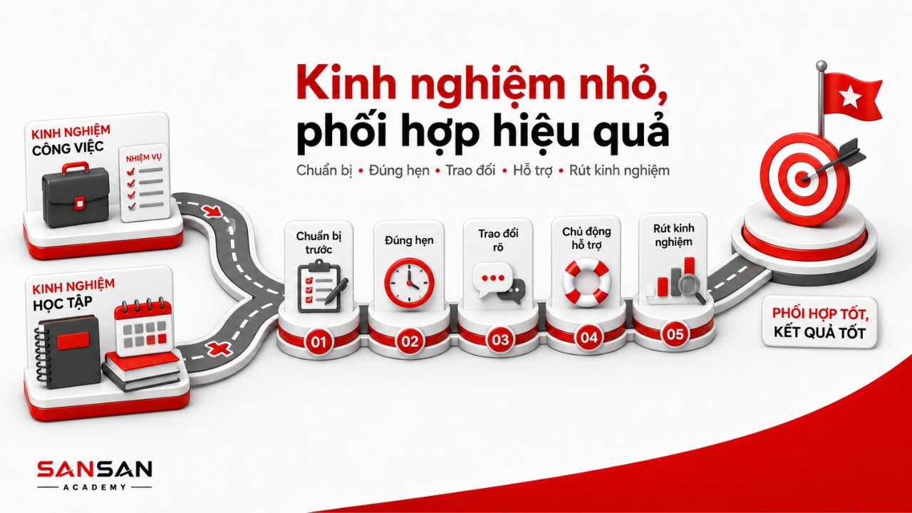 Kinh nghiệm làm việc nhóm hiệu quả cho nhân viên và sinh viên gồm chuẩn bị trước, đúng hẹn, trao đổi rõ, chủ động hỗ trợ và rút kinh nghiệm