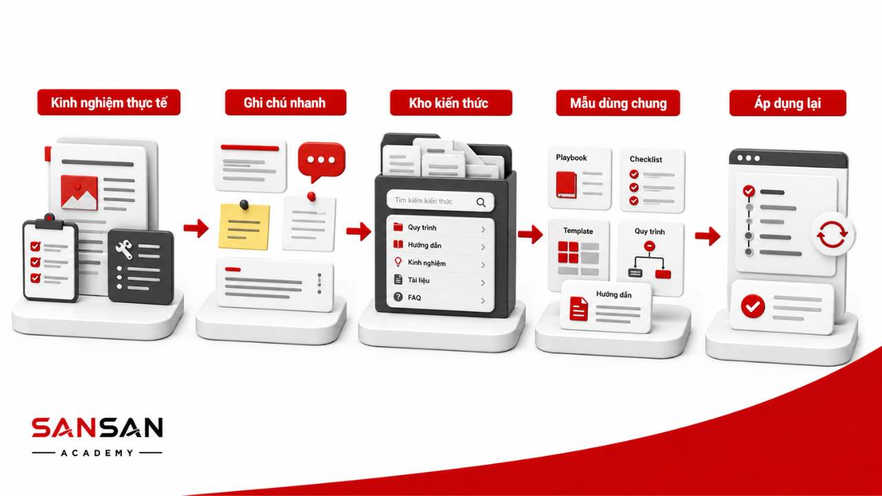 Quy trình biến kinh nghiệm thực tế thành ghi chú, kho kiến thức, mẫu dùng chung và tài liệu có thể áp dụng lại trong đội ngũ.