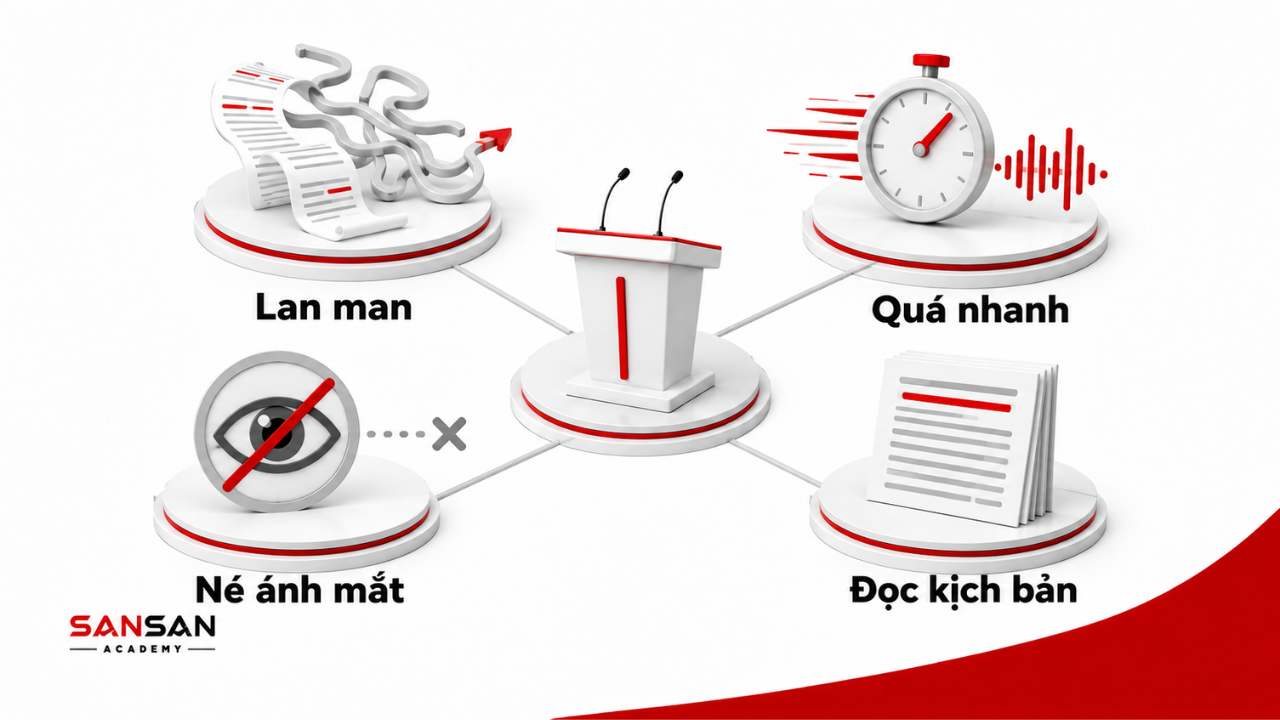 Những lỗi thường gặp khi nói trước đám đông gồm lan man, quá nhanh, né ánh mắt và đọc kịch bản.