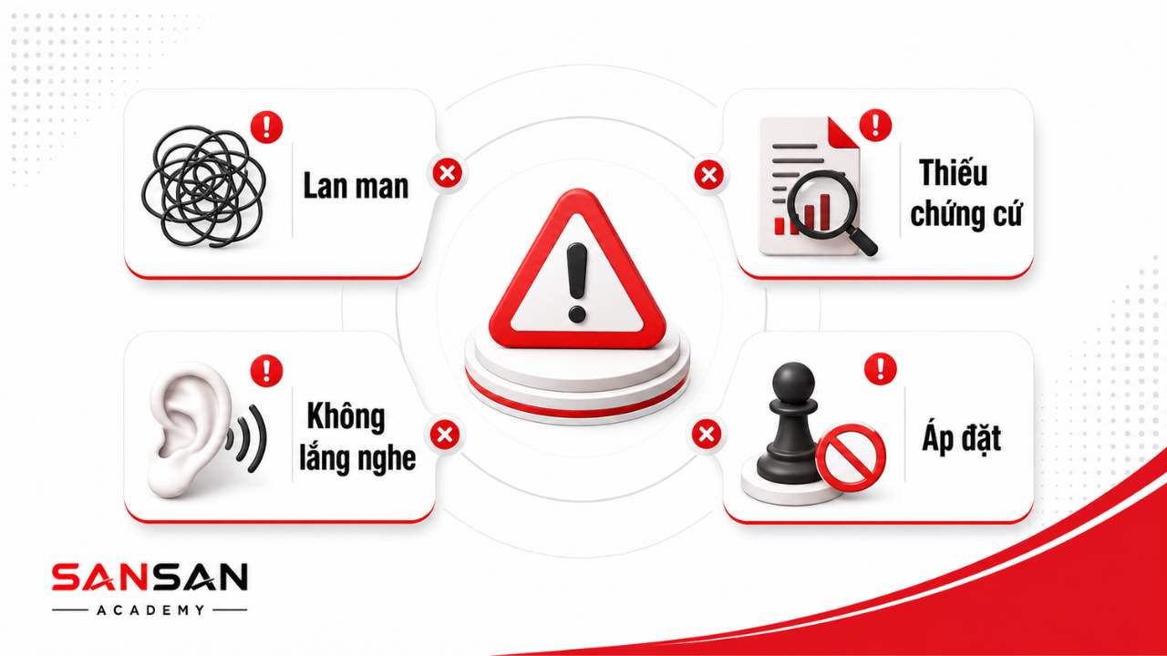 Các lỗi làm giảm sức thuyết phục gồm nói lan man, thiếu chứng cứ, không lắng nghe và áp đặt quan điểm