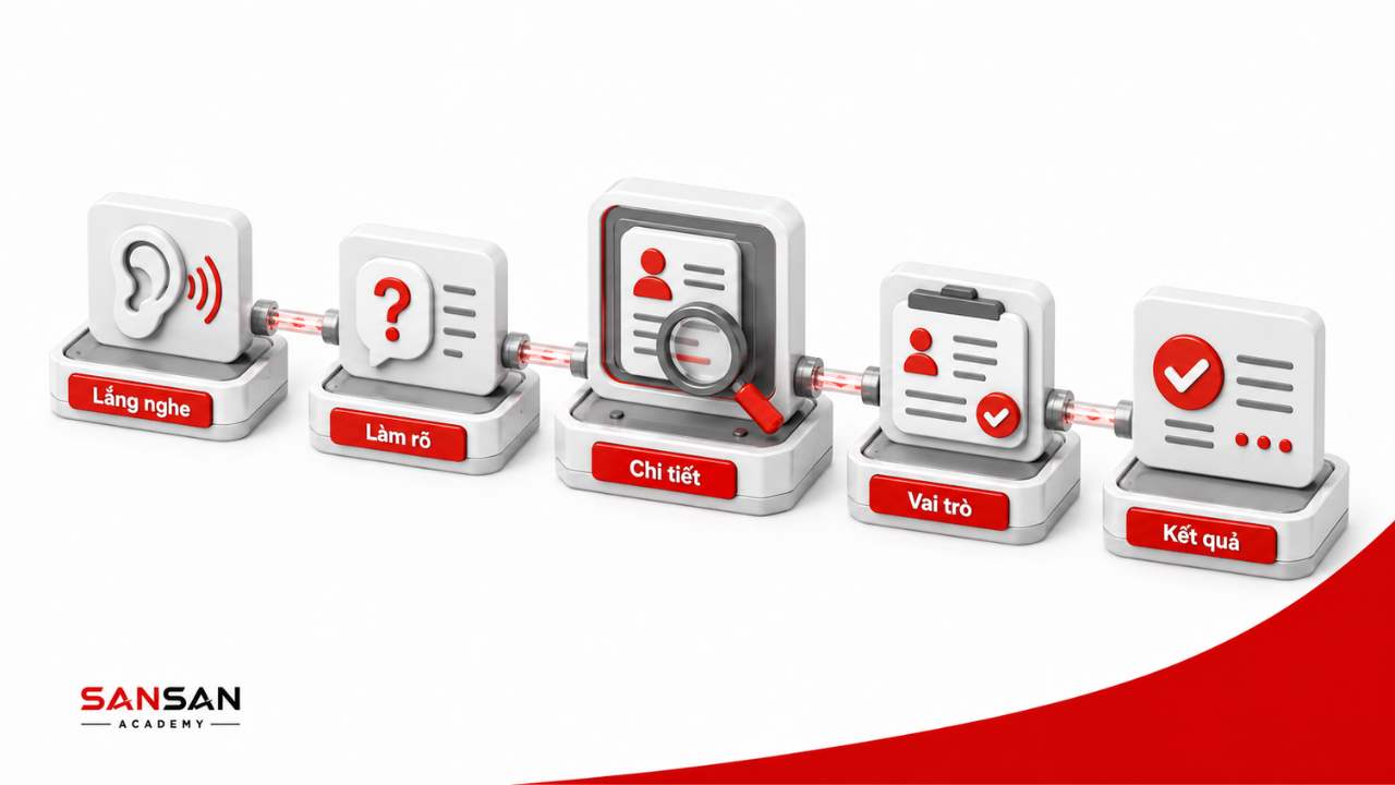 Lắng nghe và khai thác thông tin trong phỏng vấn qua làm rõ chi tiết, vai trò và kết quả của ứng viên