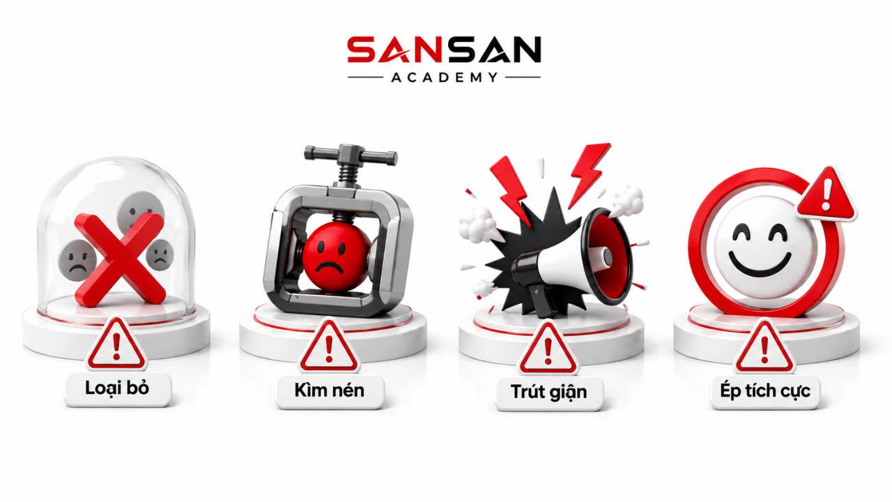 Sai lầm khi kiểm soát cảm xúc gồm loại bỏ, kìm nén, trút giận và ép bản thân tích cực