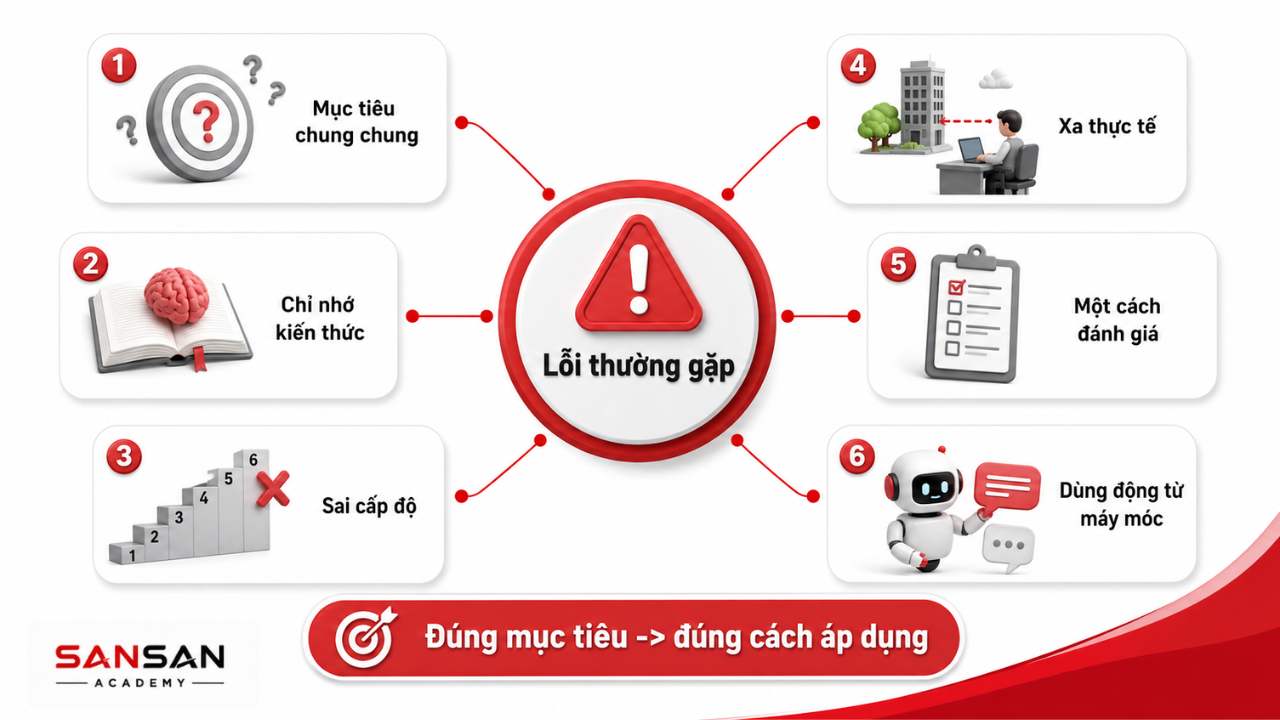 Sáu lỗi khi áp dụng Bloom gồm mục tiêu chung chung, chỉ đo ghi nhớ, sai cấp độ, xa thực tế, dùng một cách đánh giá và dùng động từ máy móc.