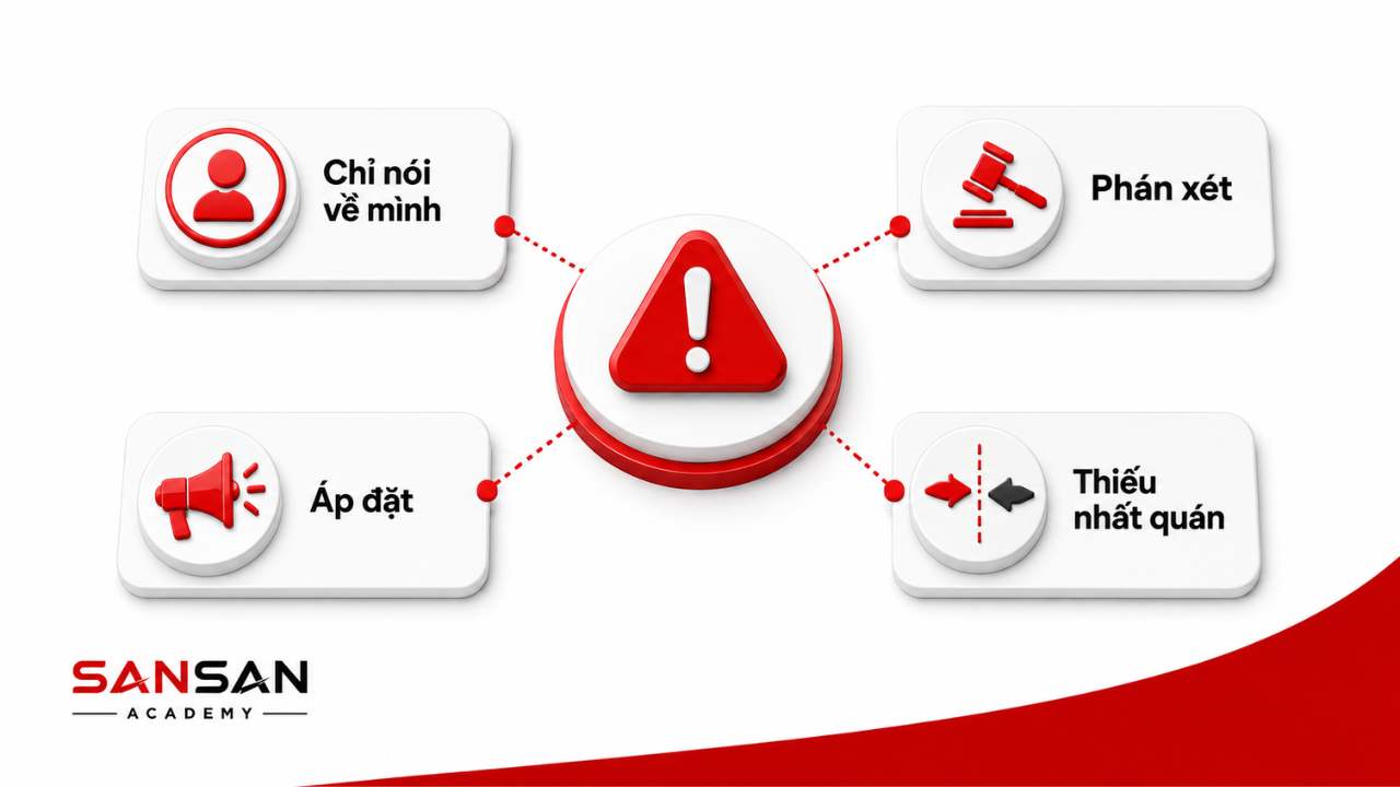 Những thói quen giao tiếp nên tránh gồm chỉ nói về mình, phán xét, áp đặt và thiếu nhất quán