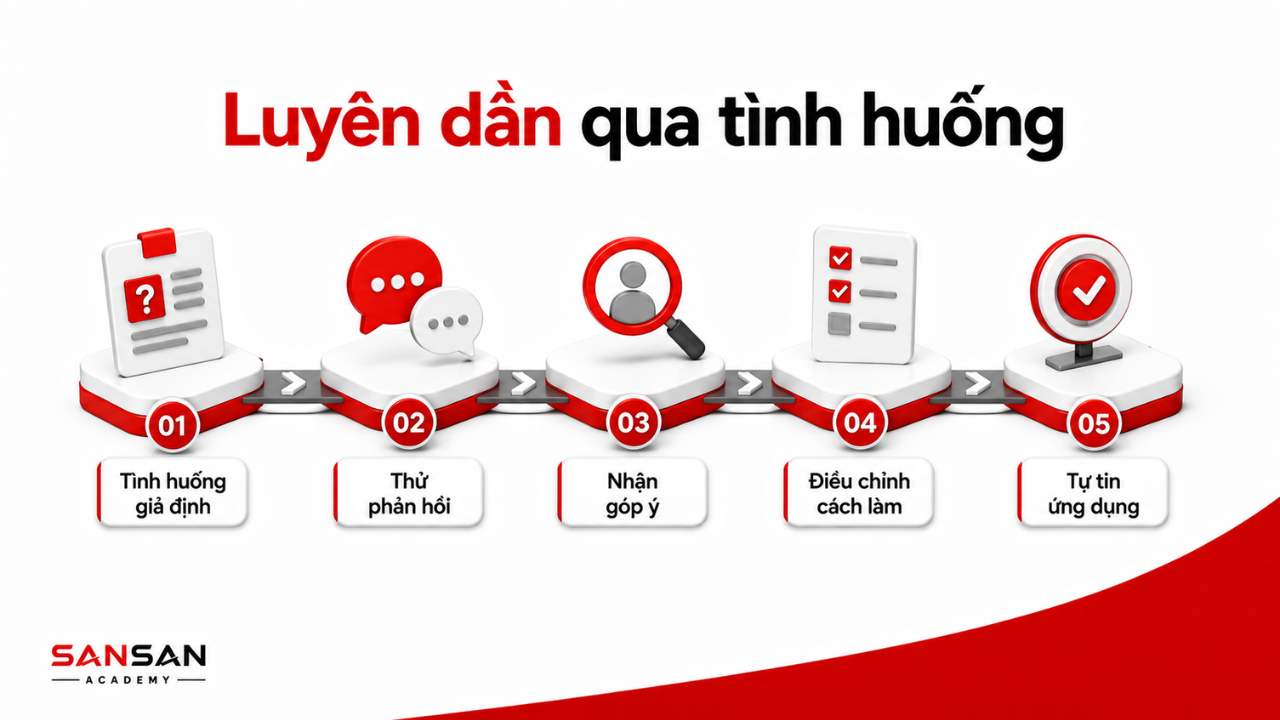 Rèn kỹ năng xử lý tình huống qua tình huống giả định, phản hồi, góp ý, điều chỉnh và thực hành lặp lại