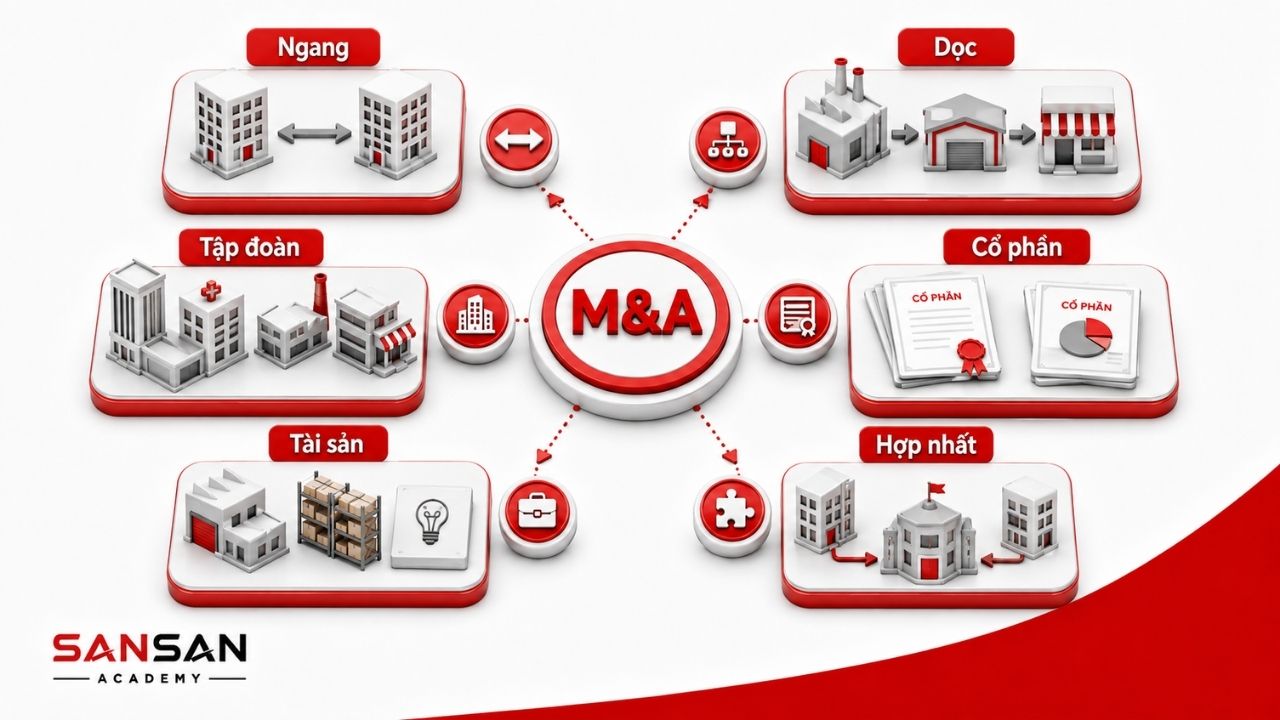Các cấu trúc M&A gồm ngang, dọc, cổ phần và tài sản