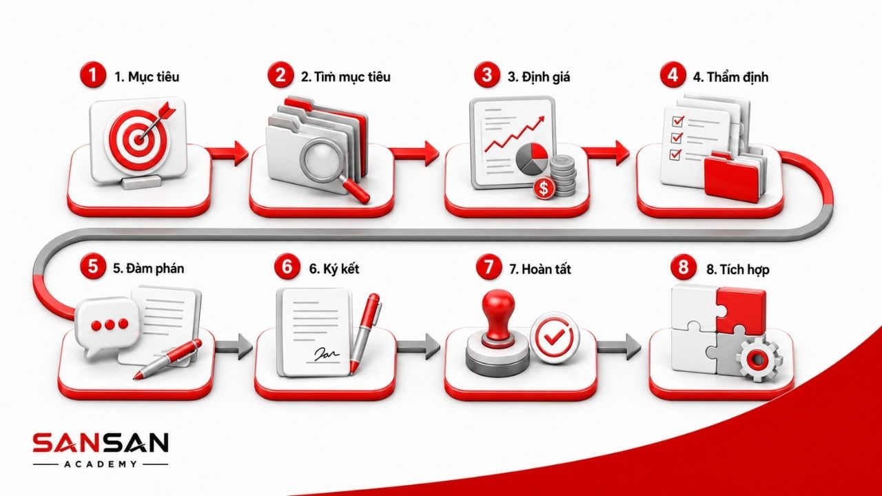 Quy trình tám bước M&A từ mục tiêu đến tích hợp sau giao dịch