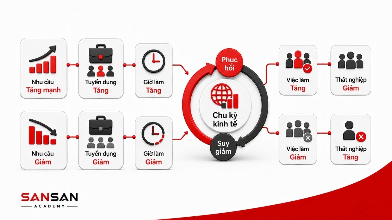 Việc làm tăng khi phục hồi và giảm trong giai đoạn suy thoái