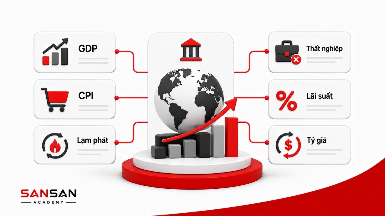 GDP, CPI, thất nghiệp, lãi suất và tỷ giá kinh tế
