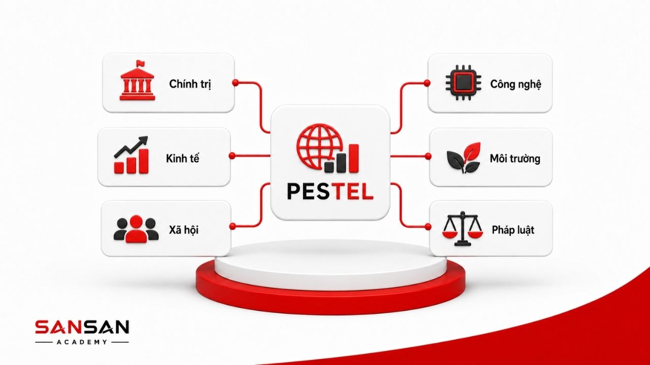 PESTEL gồm chính trị, kinh tế, xã hội, công nghệ, môi trường, pháp luật