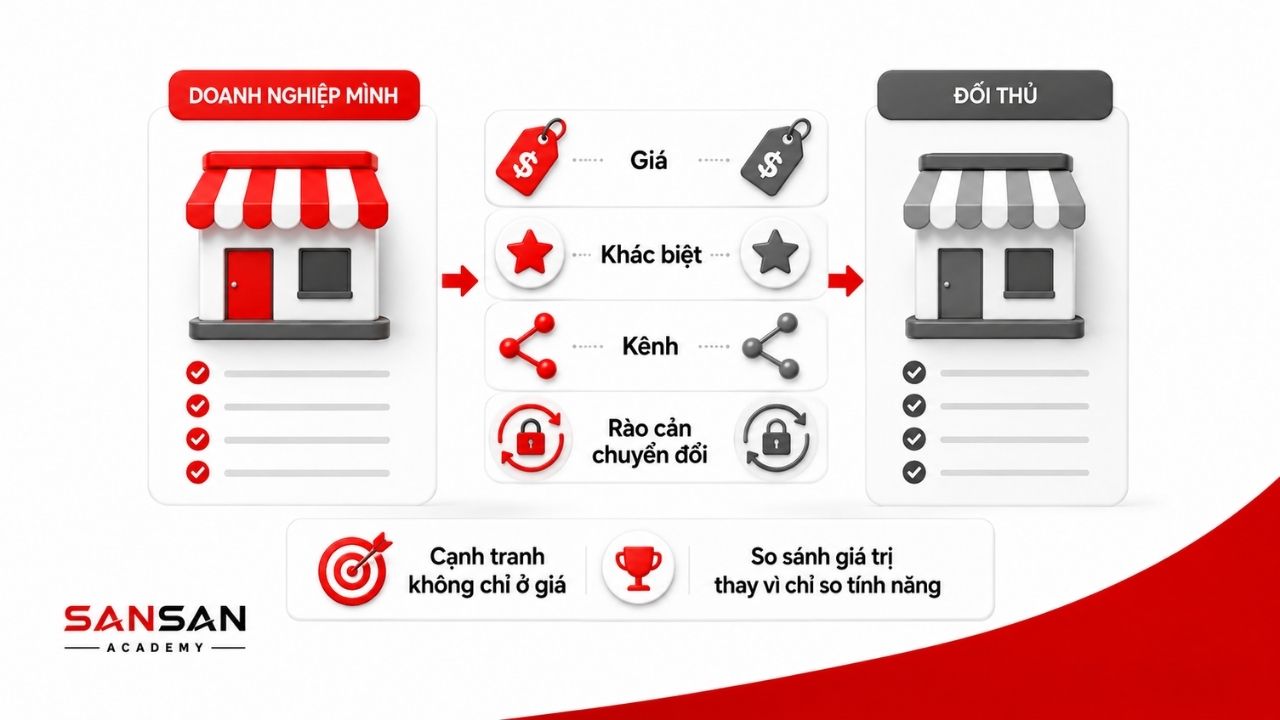 So sánh doanh nghiệp và đối thủ theo giá, khác biệt và kênh bán