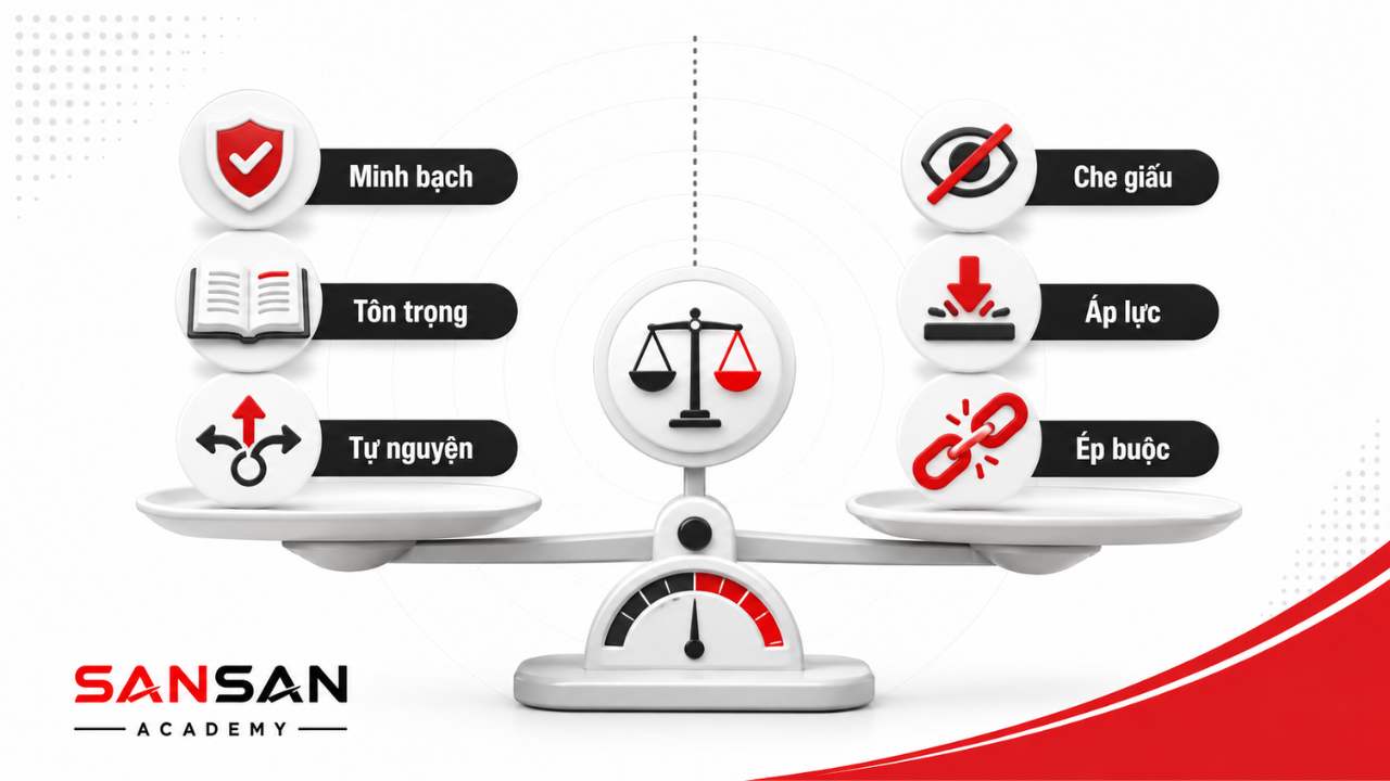 Ranh giới giữa thuyết phục và thao túng qua minh bạch, tôn trọng, tự nguyện và các hành vi gây áp lực