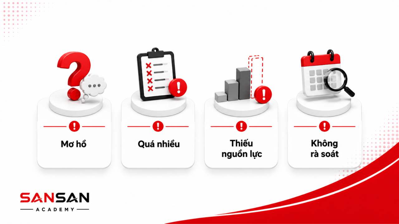 Những sai lầm khi xác định mục tiêu gồm đặt mục tiêu mơ hồ, theo đuổi quá nhiều mục tiêu, thiếu nguồn lực và không rà soát tiến độ