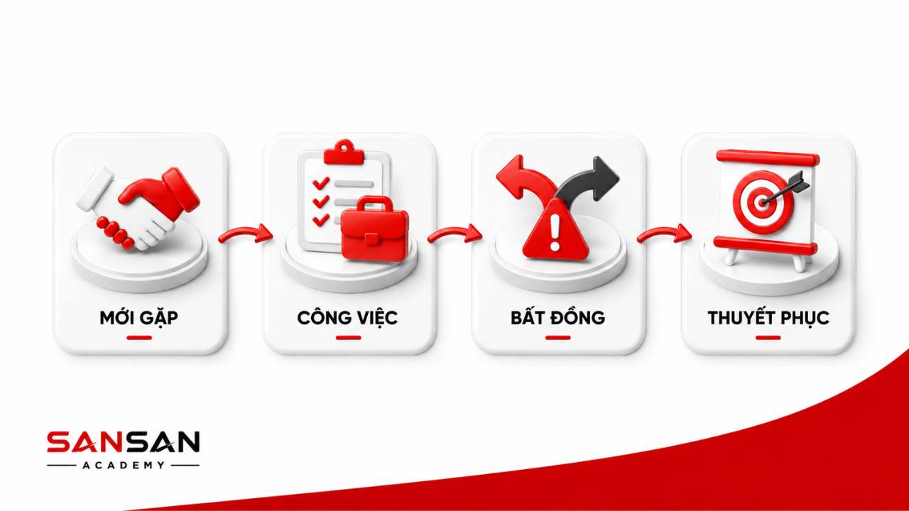 Giao tiếp trong các tình huống mới gặp, công việc, bất đồng và thuyết phục