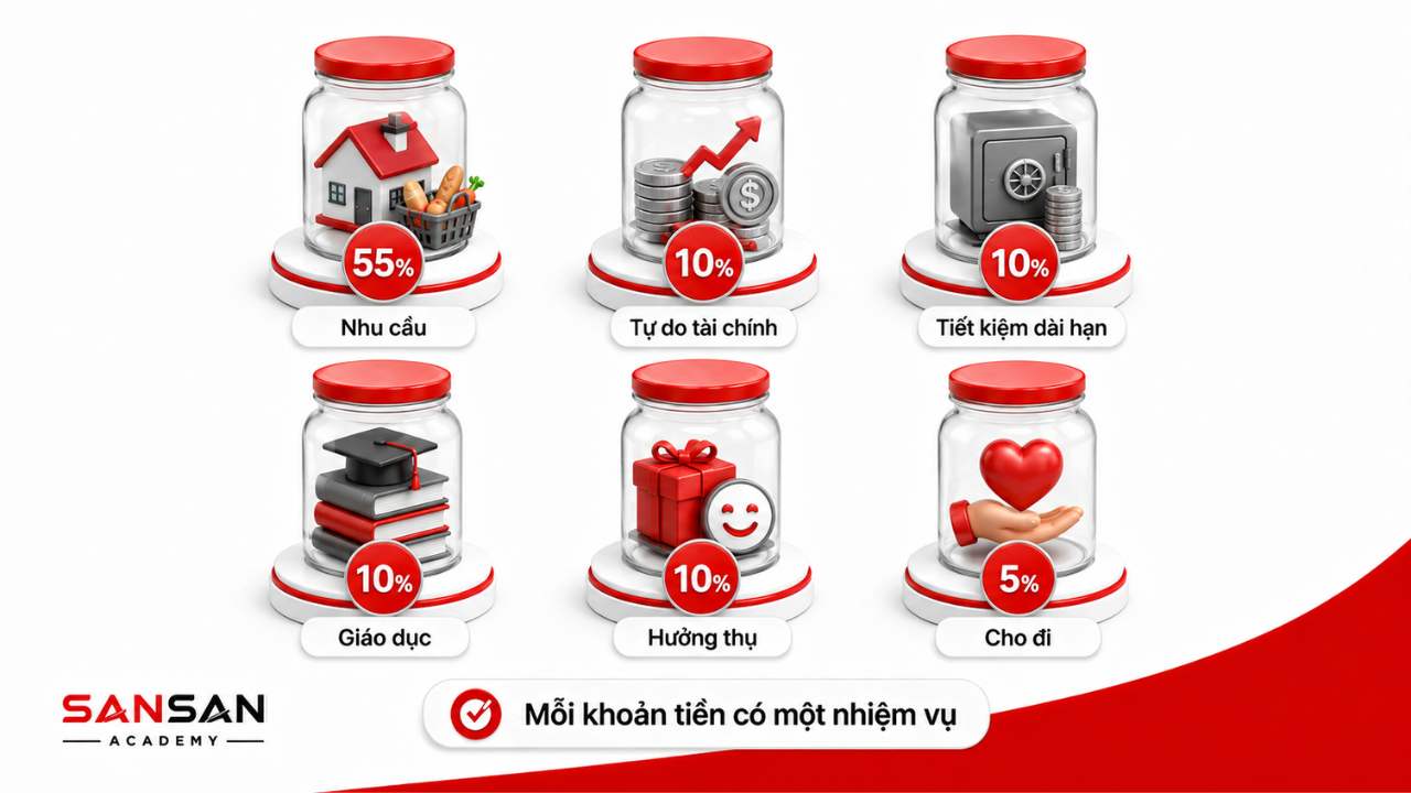 Quy tắc sáu chiếc lọ phân bổ 55% cho nhu cầu và các khoản 10% hoặc 5% cho đầu tư, tiết kiệm, giáo dục, hưởng thụ và cho đi.
