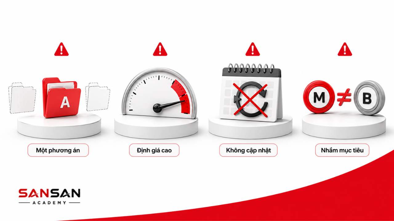 Bốn sai lầm làm BATNA mất giá trị gồm chỉ có một phương án, định giá quá cao, không cập nhật và nhầm BATNA với mục tiêu.