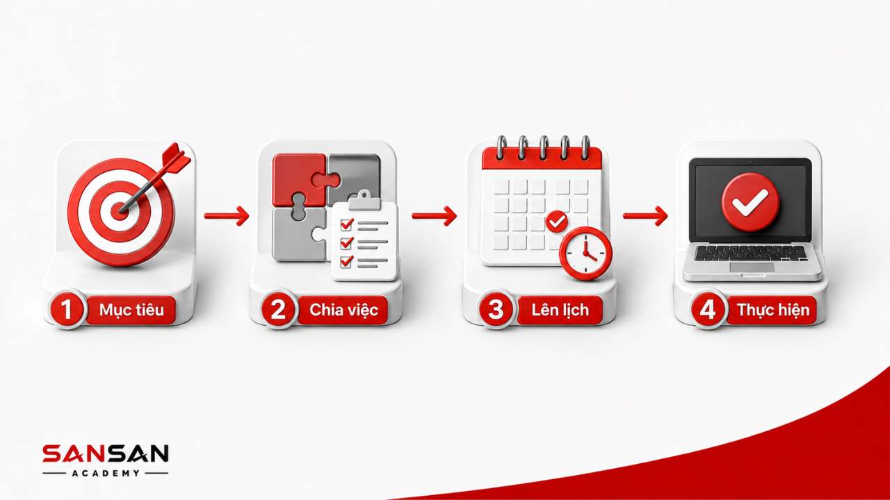 Quy trình lập kế hoạch từ xác định mục tiêu, chia việc, lên lịch đến thực hiện