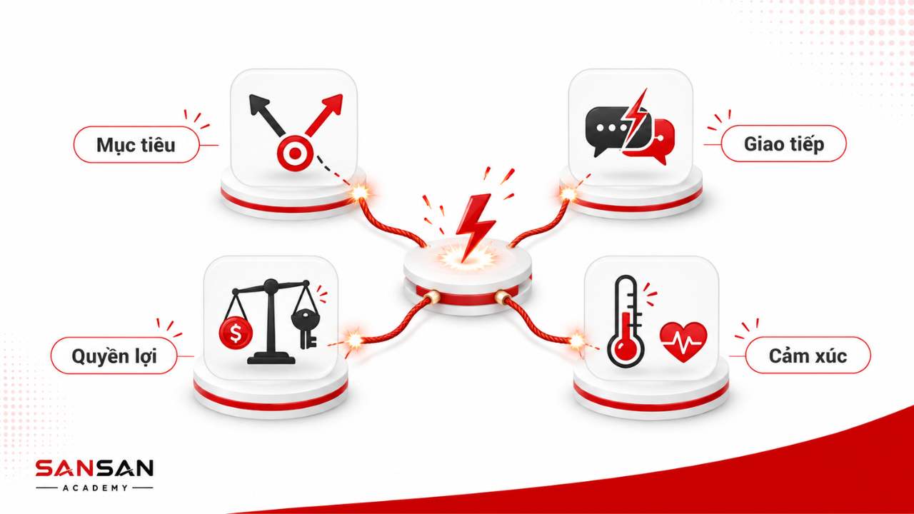 Các nguyên nhân dễ châm ngòi xung đột gồm khác biệt mục tiêu, giao tiếp, quyền lợi và cảm xúc