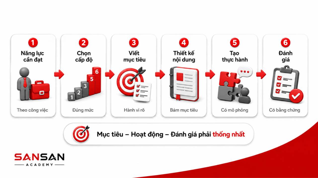 Sáu bước ứng dụng Bloom gồm xác định năng lực, chọn cấp độ, viết mục tiêu, thiết kế nội dung, tạo thực hành và đánh giá.