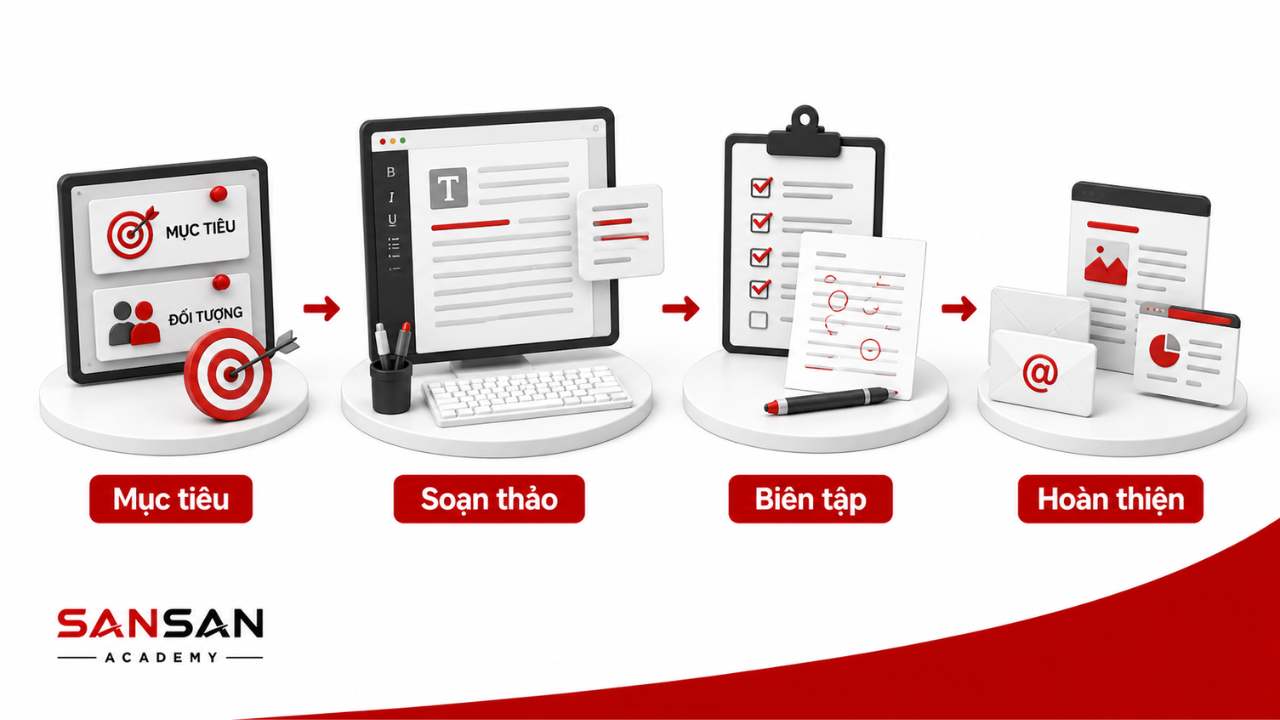 Quy trình kỹ năng viết từ xác định mục tiêu, soạn thảo, biên tập đến hoàn thiện nội dung