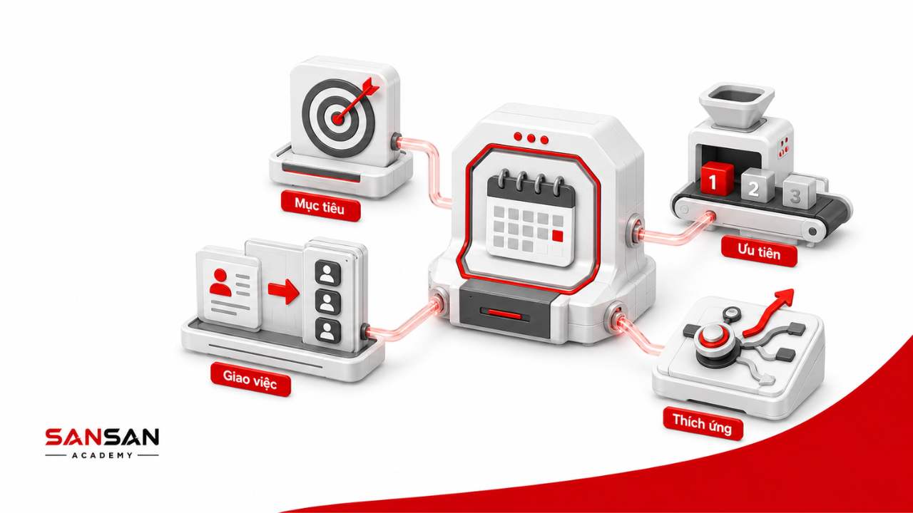 Các năng lực tạo nên kỹ năng tổ chức gồm mục tiêu, ưu tiên, giao việc và thích ứng.