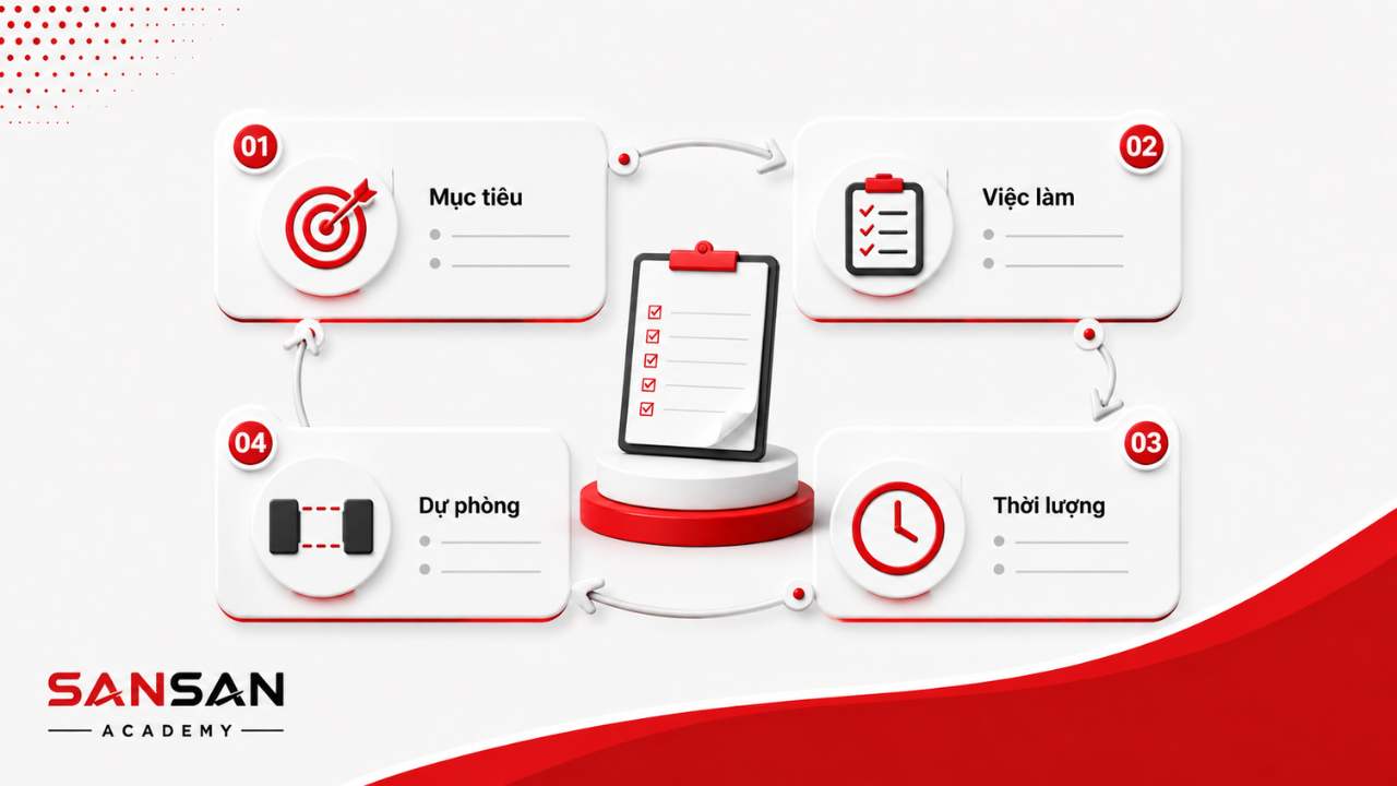 Khung kế hoạch một ngày gồm mục tiêu, việc làm, thời lượng và thời gian dự phòng