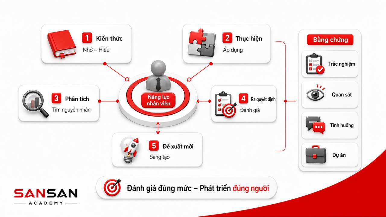 Năm mức đánh giá năng lực nhân viên gồm kiến thức, thực hiện, phân tích, ra quyết định và đề xuất cải tiến.