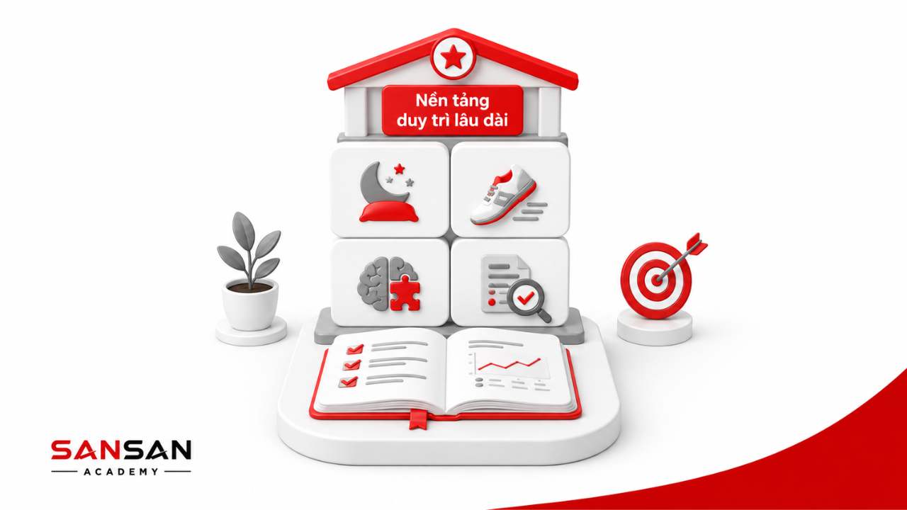 Nền tảng duy trì sự tập trung lâu dài gồm giấc ngủ, vận động, tư duy và theo dõi tiến độ
