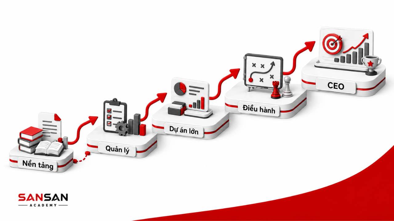 Lộ trình trở thành CEO từ nền tảng chuyên môn, quản lý, dự án lớn, điều hành đến vị trí CEO