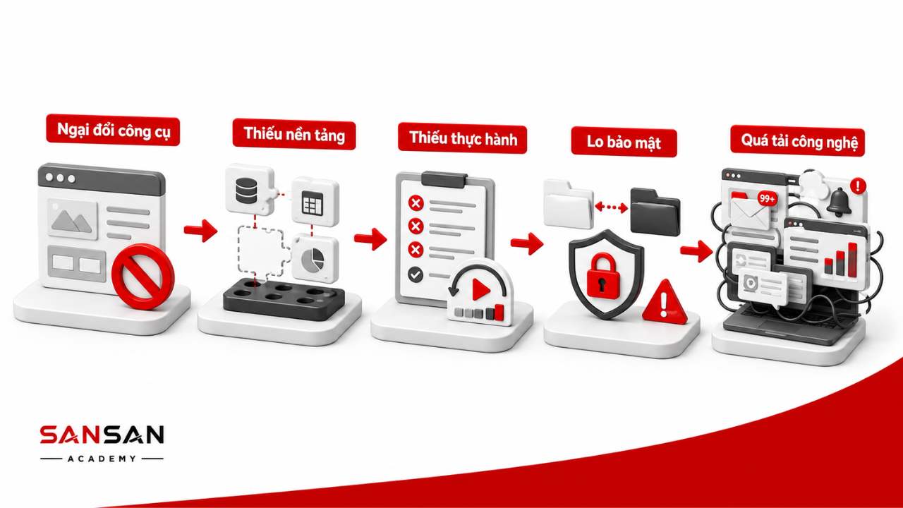 Các rào cản phát triển kỹ năng số gồm ngại đổi công cụ, thiếu nền tảng, ít thực hành, lo bảo mật và quá tải công nghệ.
