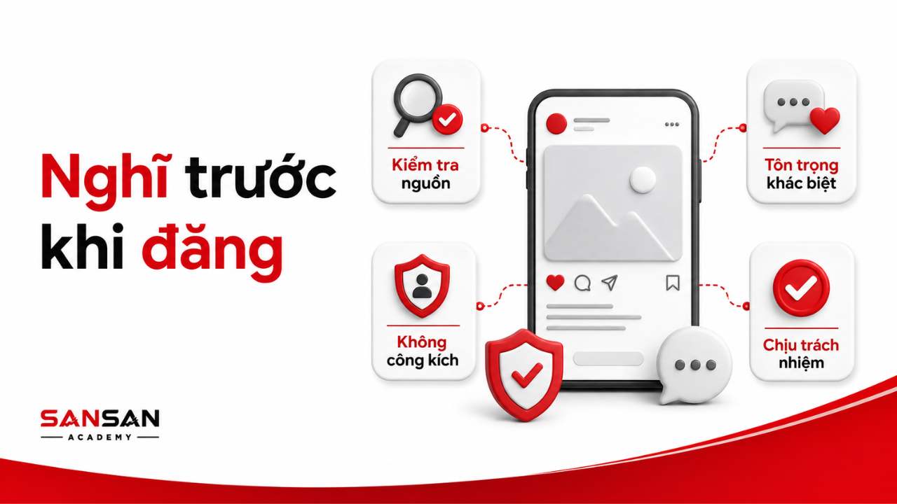 Ứng xử văn minh trên mạng xã hội bằng cách kiểm tra nguồn, tôn trọng khác biệt và chịu trách nhiệm khi đăng