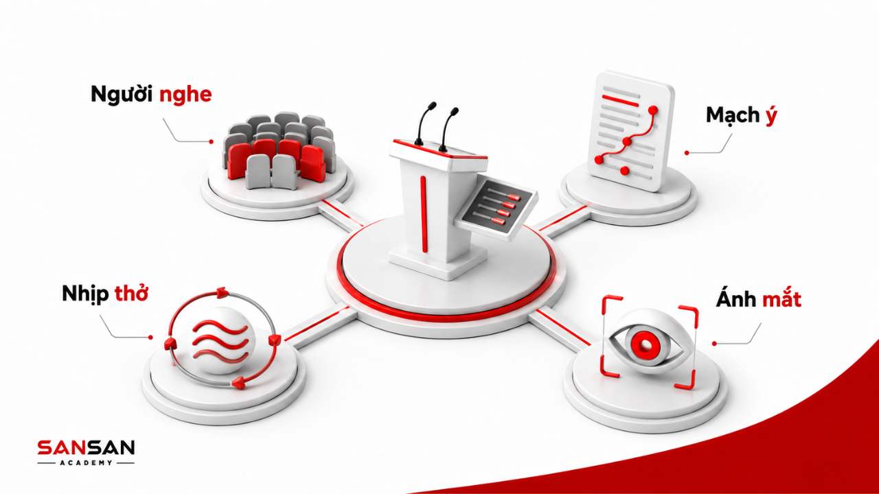 Cách nói trước đám đông tự tin với người nghe, nhịp thở, mạch ý và ánh mắt.