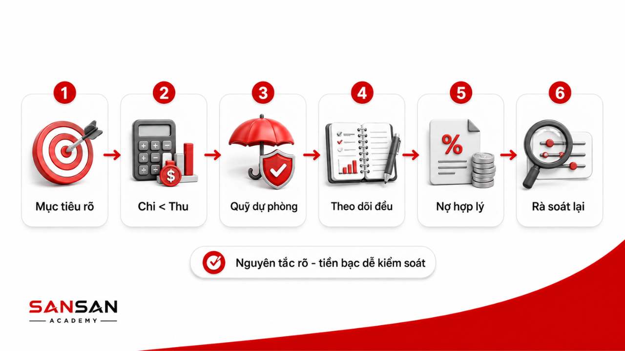 Sáu nguyên tắc quản lý tài chính gồm mục tiêu rõ, chi thấp hơn thu, quỹ dự phòng, theo dõi đều, quản lý nợ và rà soát định kỳ.
