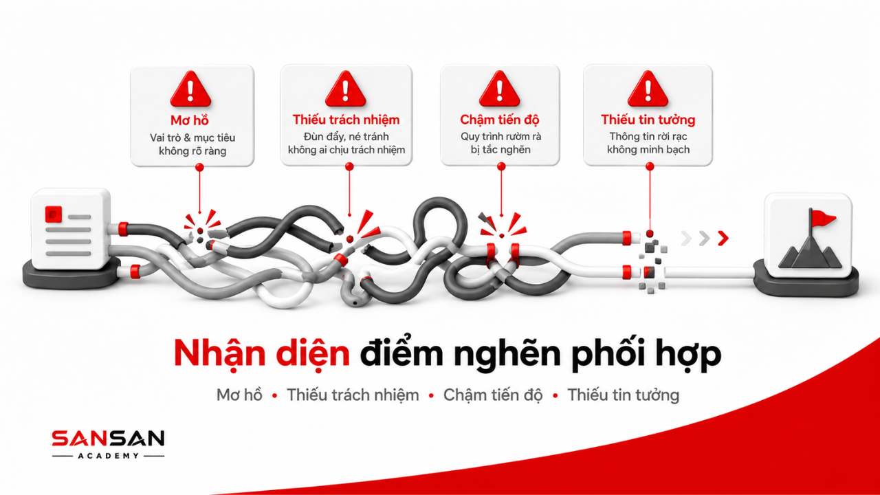 Điểm nghẽn khi làm việc nhóm gồm mục tiêu mơ hồ, thiếu trách nhiệm, chậm tiến độ và thiếu tin tưởng